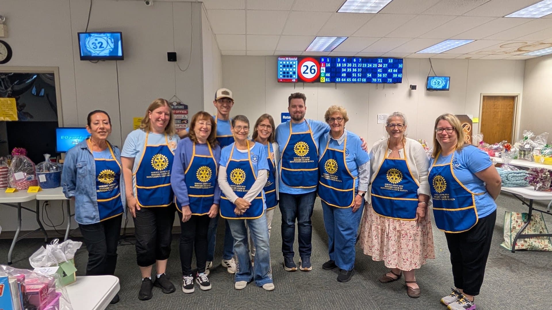 Rotary volunteers in club aprons at the Sept. 20, 2026 bingo fundraiser at KBR Bingo Hall